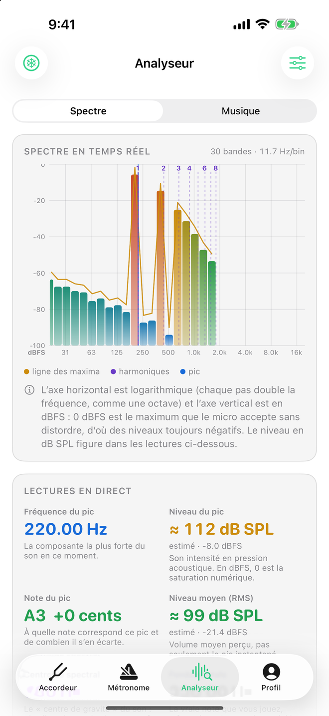 Analyseur de Sound Tools affichant le spectre en temps réel