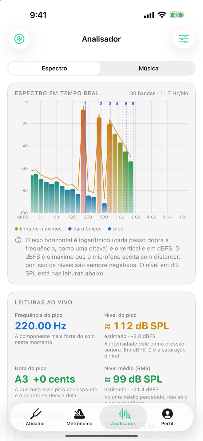 Analisador do Sound Tools mostrando o espectro em tempo real